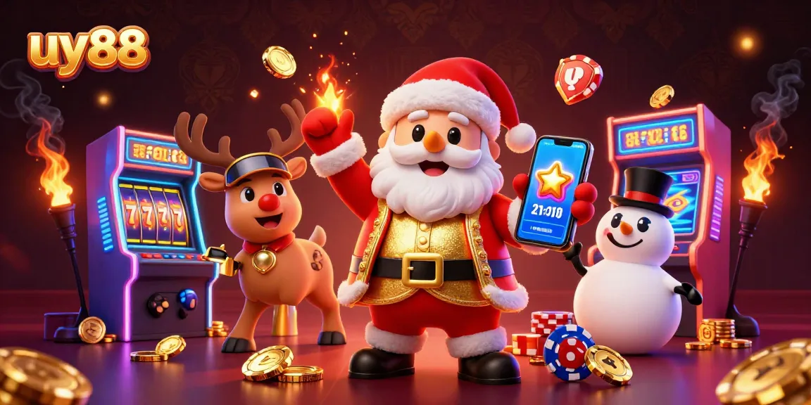 Experience the excitement of uy88 with Santa and friends in a vibrant casino setting featuring jackpot slots.
