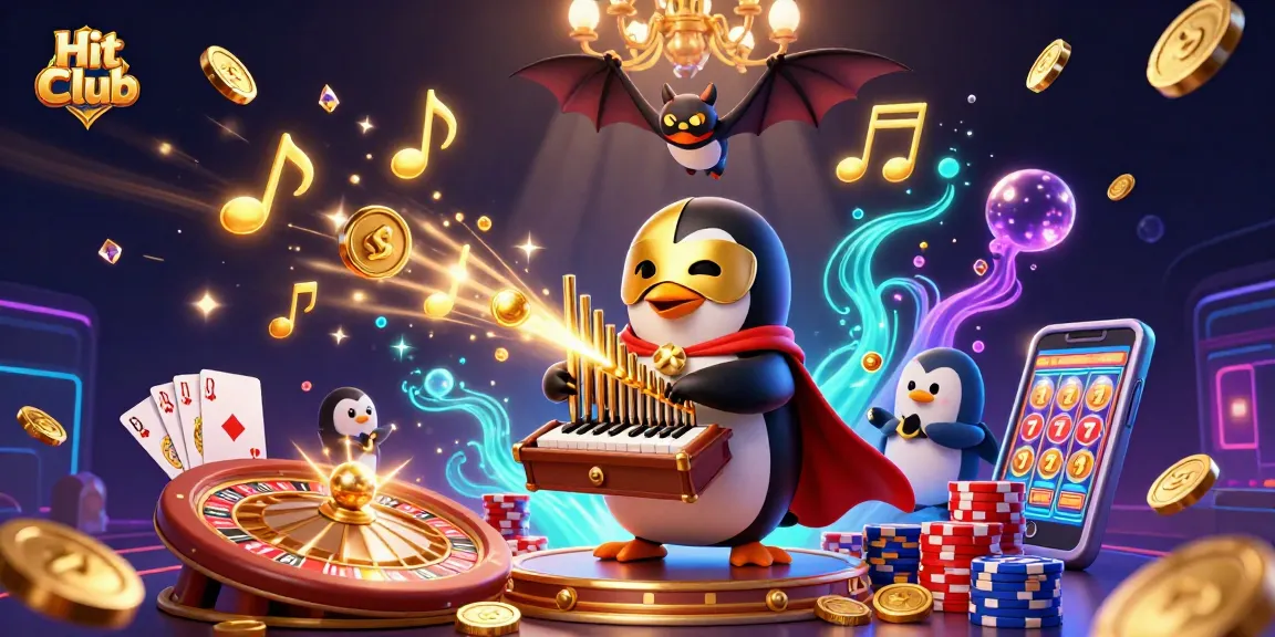 Experience the thrill of Hit Club with a vibrant 3D illustration of a penguin playing golden tunes and showering coins.