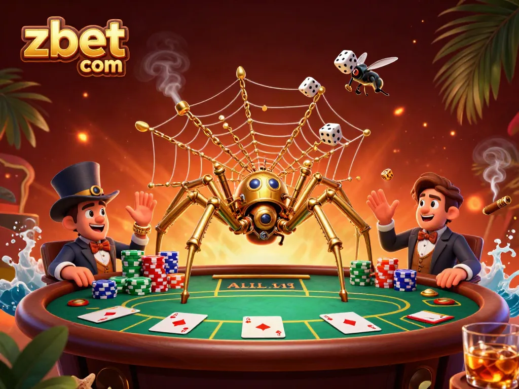 Experience the thrill of gaming with zbet com, as a golden spider captures luck in a rich casino scene.