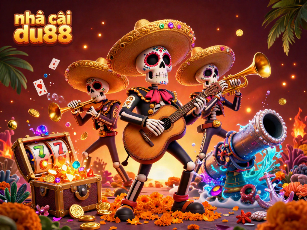 Engage with Nhà cái du88's vibrant 3D illustration featuring a dynamic mariachi band in a colorful casino setting.