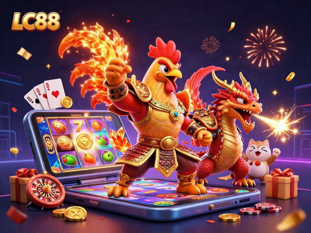 Engage with LC88's dynamic 3D scene featuring a warrior rooster, dragon hatchling, and casino elements.