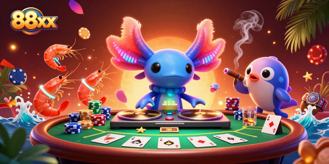 Engage with 88xx through vibrant gaming action with a neon axolotl DJ and poker excitement.