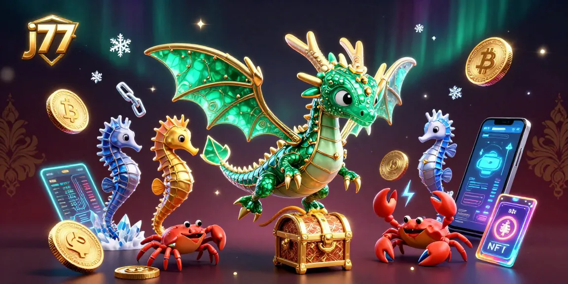 Experience thrilling gaming with j77, featuring a magnificent sea dragon amidst crypto and casino treasures.