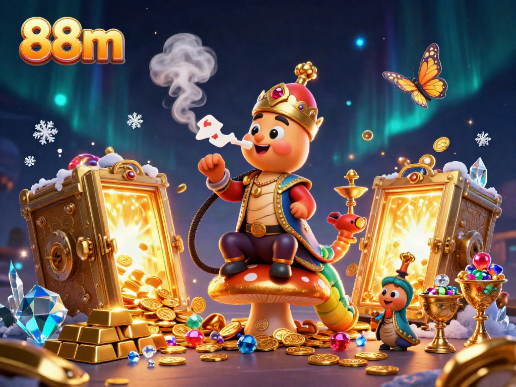 Experience thrilling gaming with 88m in an enchanting scene of a caterpillar hookah-master and treasures.