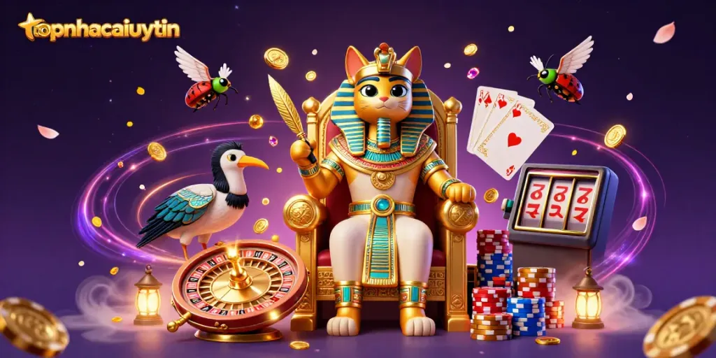 Experience thrilling gaming with topnhacaiuytin in this vibrant 3D casino illustration featuring a pharaoh cat and dynamic elements.