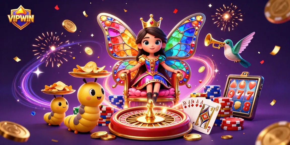 Engaging scene depicting VIPWIN with a butterfly queen and exciting casino elements, celebrating gamified luck.
