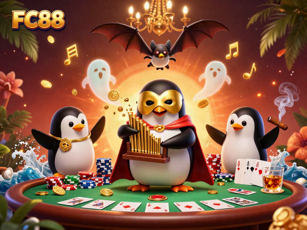 FC88's exciting 3D casino scene, showcasing gaming thrills with colorful poker elements.