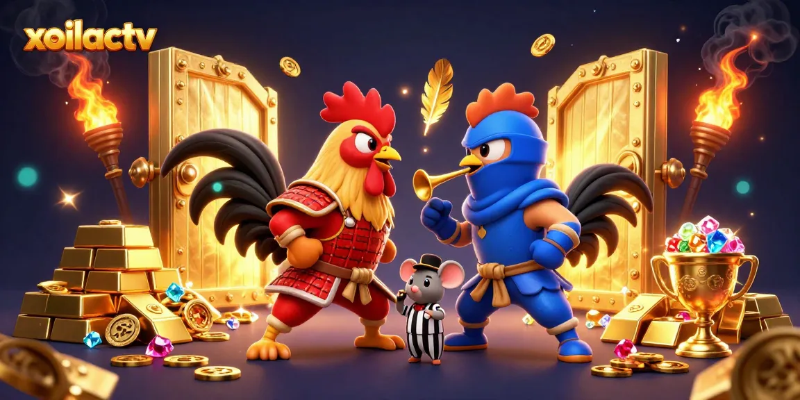 Experience thrilling action with xoilactv in a dramatic rooster duel surrounded by gold treasures.
