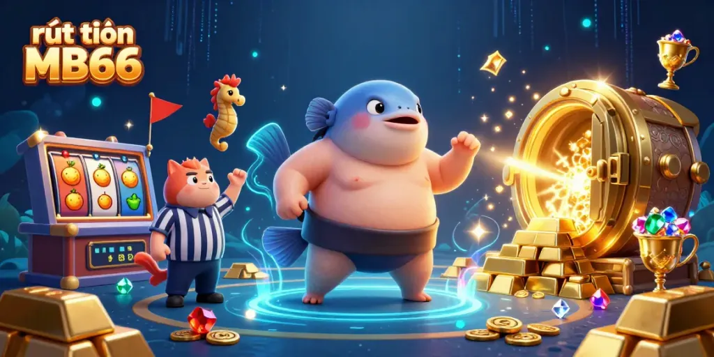 Engage in rút tiền MB66 at a vibrant underwater casino with fugu, catfish, and treasures.