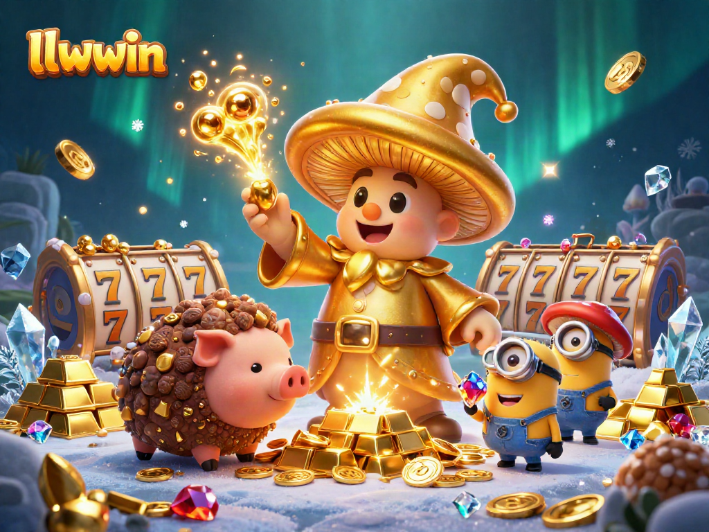 Feel the thrill of llwwin as the magical mushroom wizard transforms treasures in a vibrant casino scene.