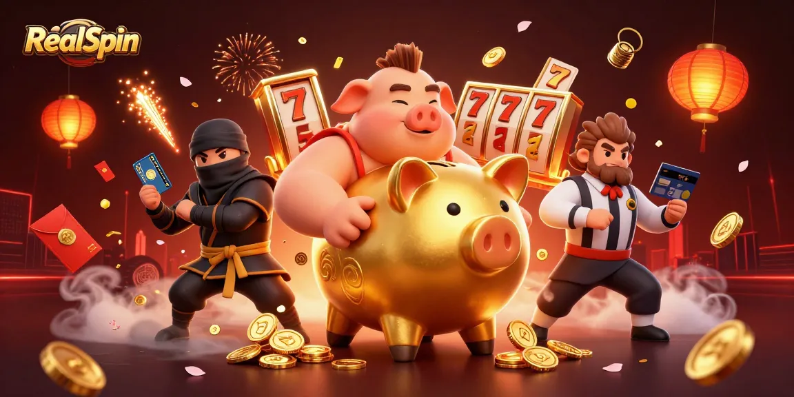 Experience thrilling gameplay at RealSpin with dynamic casino action featuring a golden piggy bank sumo wrestler and rich visuals.