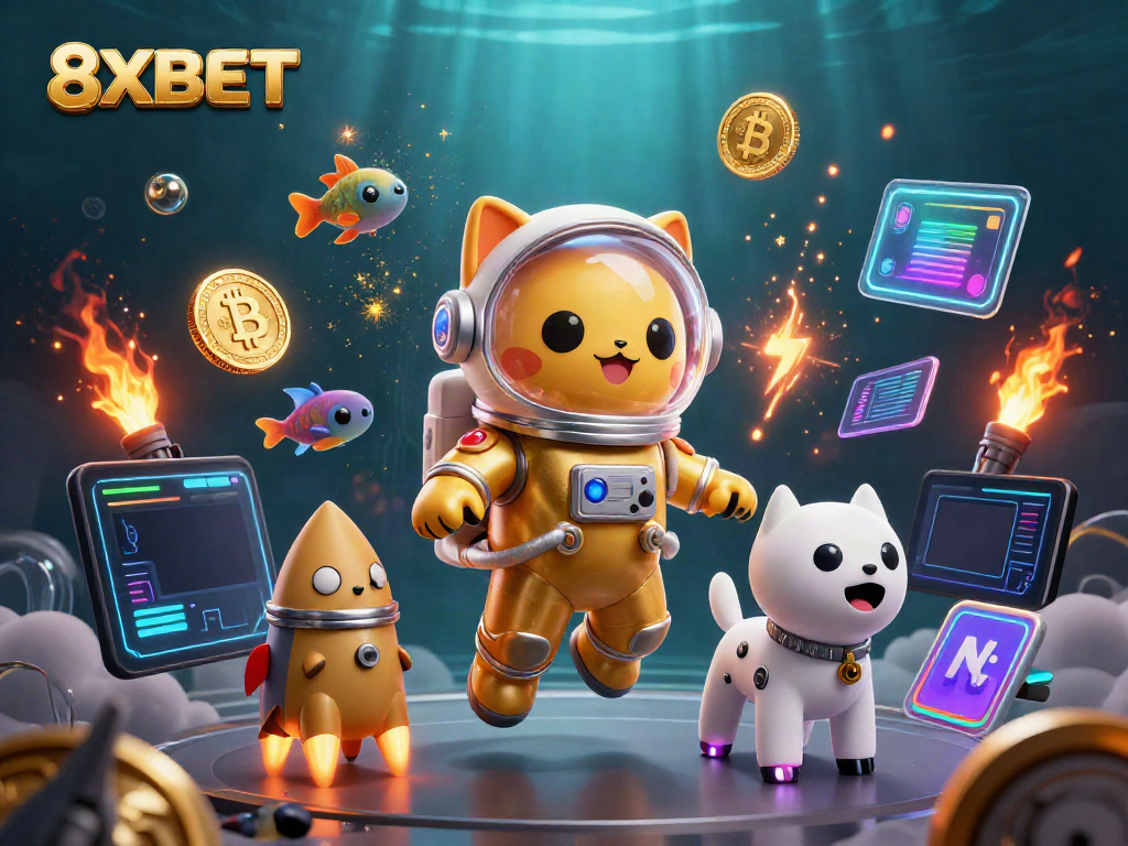 Experience thrilling gaming at 8XBET with a playful cat astronaut and futuristic elements.