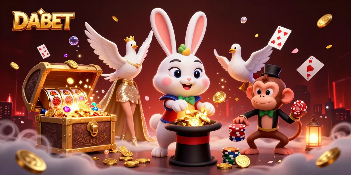 DABET captivates players with a 3D cartoon scene showcasing a magician rabbit, dove, and monkey amidst thrilling casino elements.
