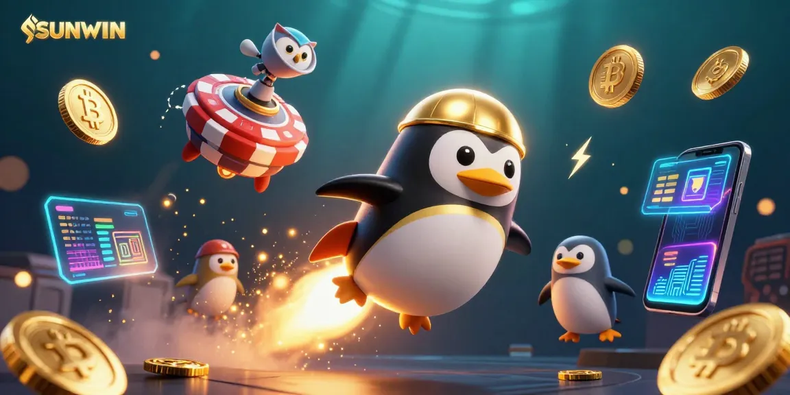 Join the SUNWIN gaming adventure with a golden penguin flying towards jackpot excitement in a vibrant digital casino.