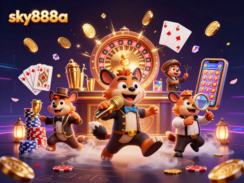 Experience thrilling gaming action at sky888a with lively hyenas in a vibrant 3D casino scene.