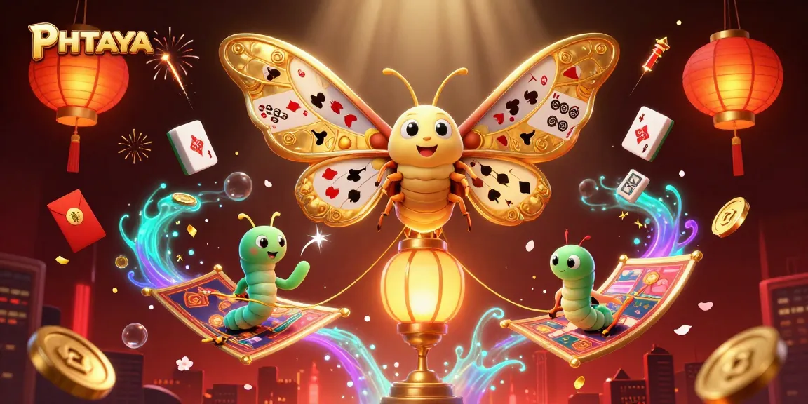 PHTAYA engages players in a vibrant 3D casino scene with golden butterflies and enchanting gaming elements.
