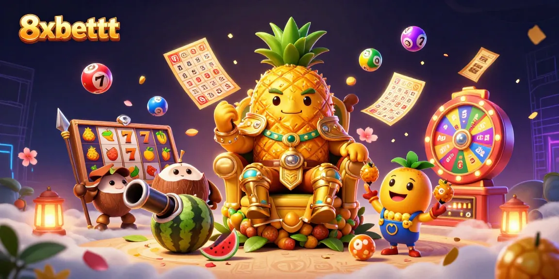 Play exciting games at 8xbetttt with dynamic scenes featuring casino characters and vibrant lottery elements.