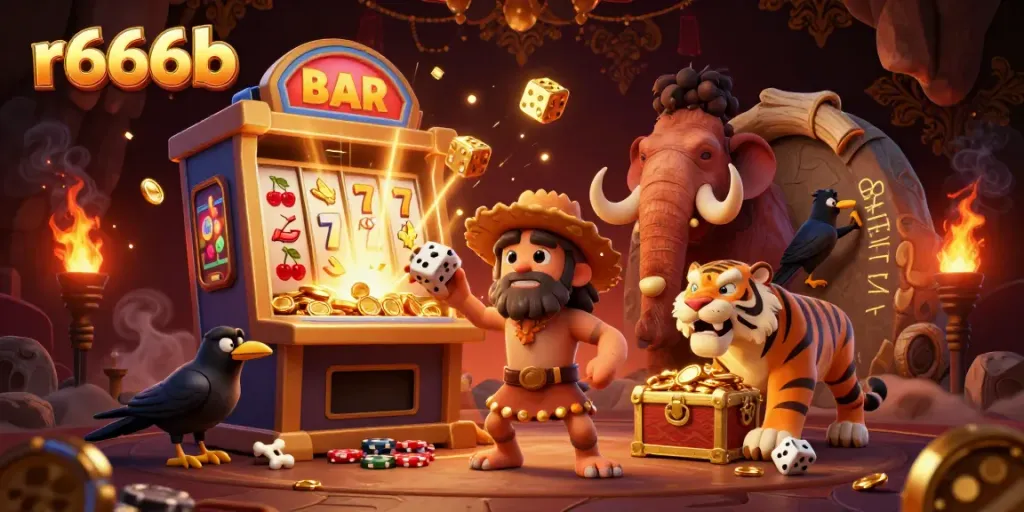 Experience the excitement and joy of winning at the r666b casino with a jovial caveman and sabertooth duo.