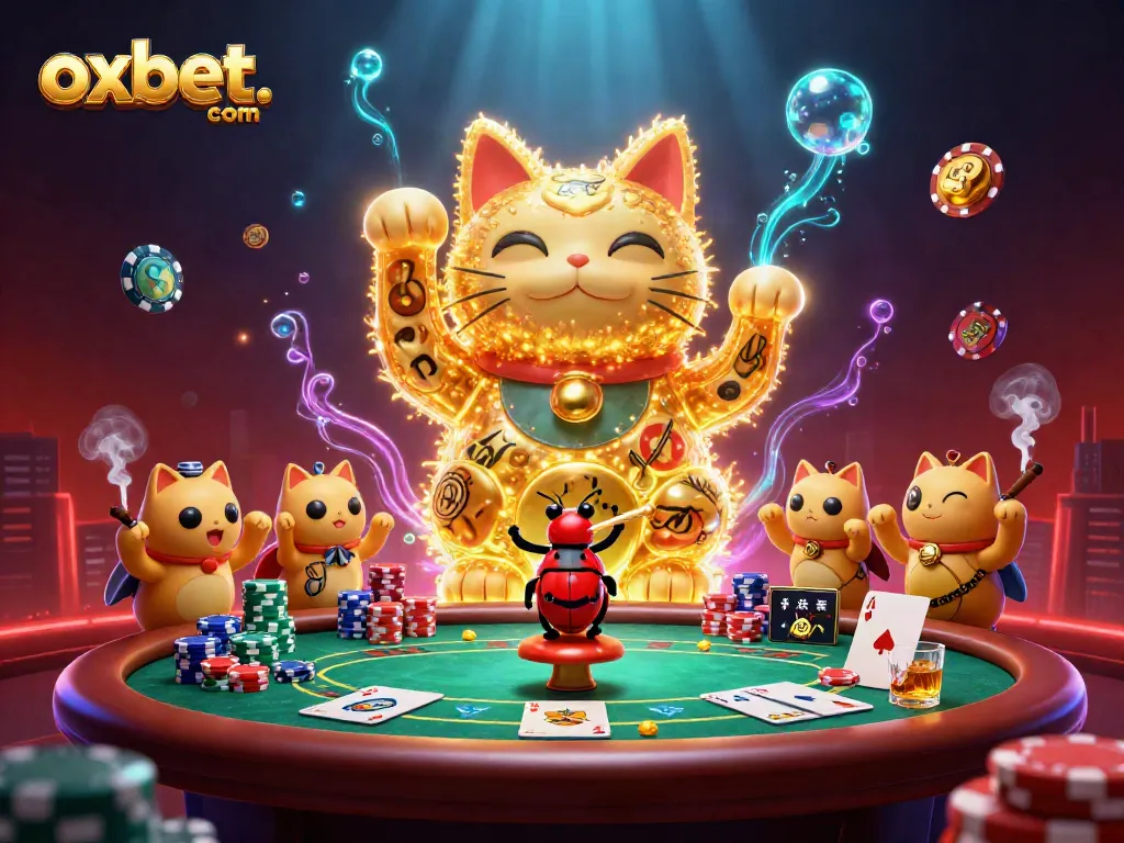 Experience exciting games at oxbet. com with a giant lucky cat and vibrant casino elements.