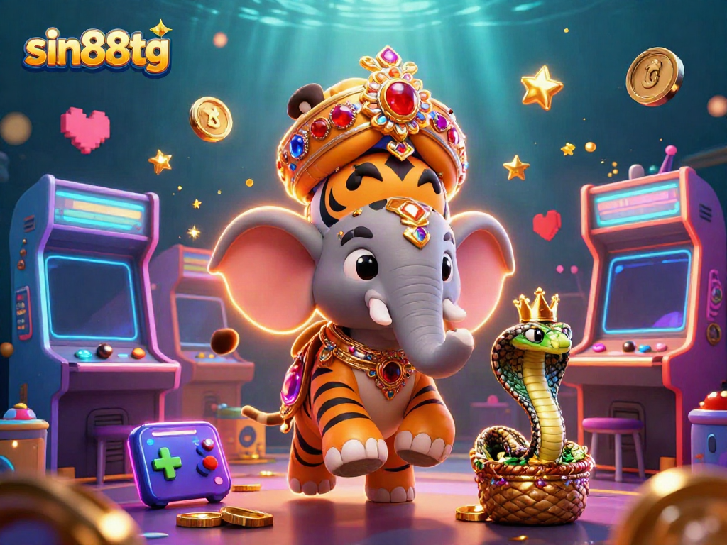 Experience fun at sin88tg, showcasing a vibrant casino scene with a maharaja tiger, elephant, and arcade machines.