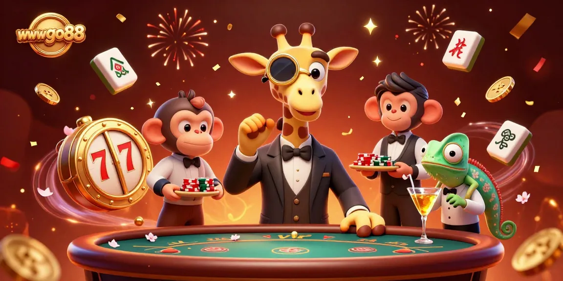 Experience thrilling gaming at wwwgo88 with a vibrant casino scene featuring high-roller giraffe, monkey valet, and chameleon bartender.