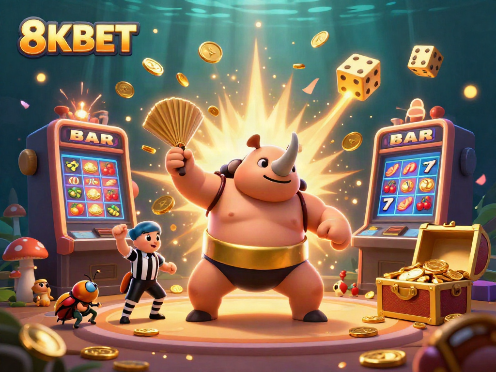 Experience excitement at 8KBET with a dynamic scene of a rhinoceros beetle sumo champion amid flying coins and a thrilling casino atmosphere.
