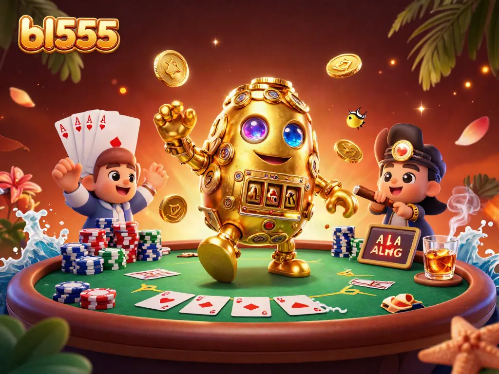 Experience the thrill of bl555 casino with a golem made of golden coins and a vibrant poker setup.