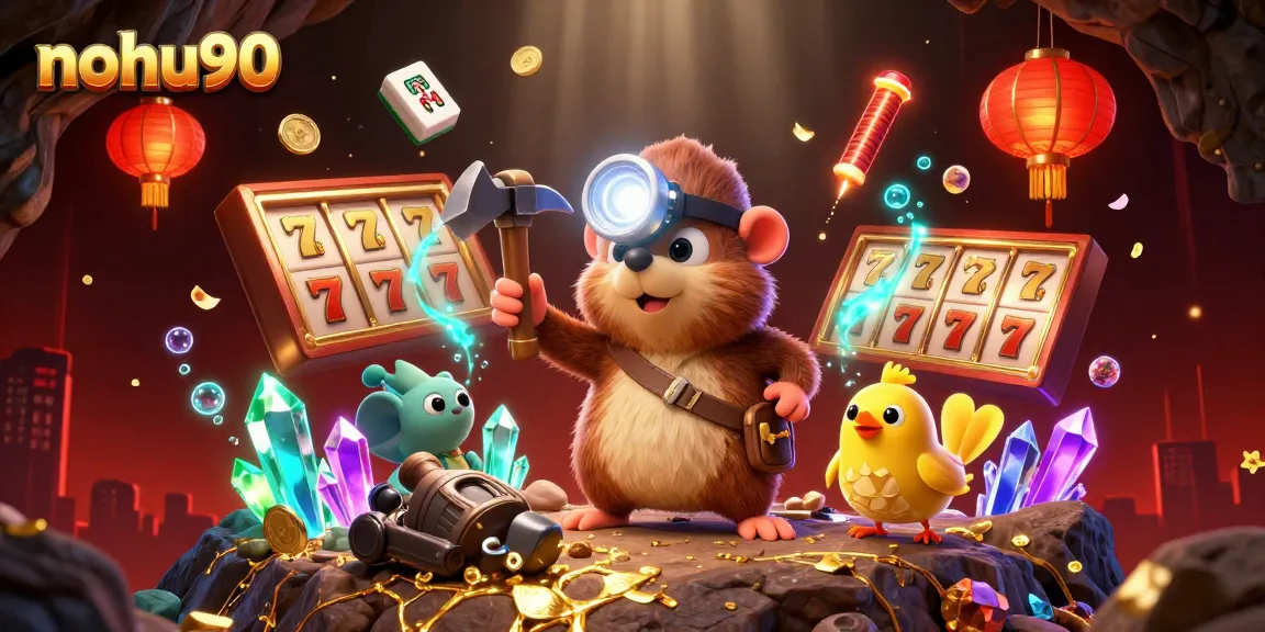 Nohuu90 players celebrate winnings in a vibrant casino scene full of excitement and lucky symbols.