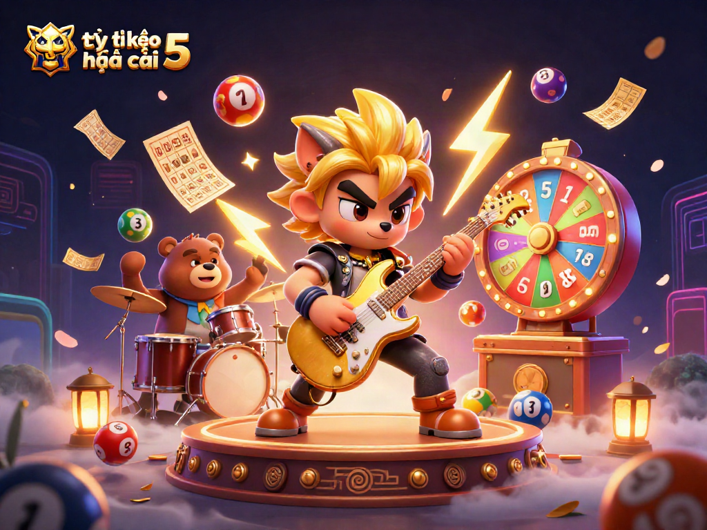 Engage with tỷ lệ kèo nhà cái 5 as the cartoon wolf rocks on stage, surrounded by dynamic casino elements.