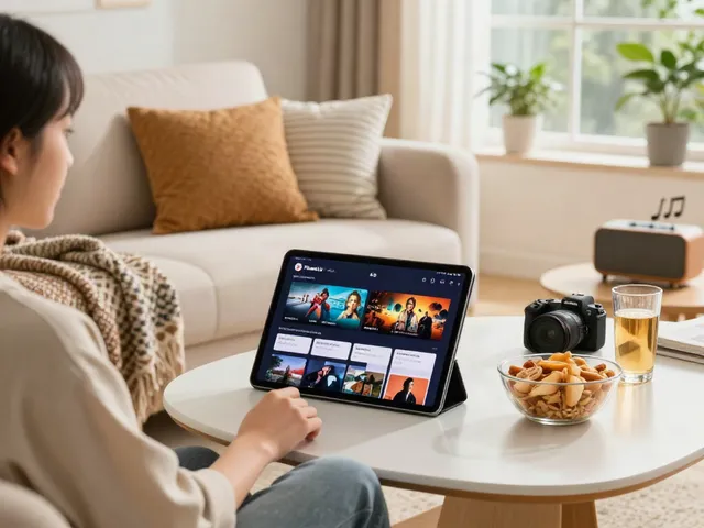 Engaging user enjoying the Pikashow Latest Version streaming on a tablet in a cozy living room.