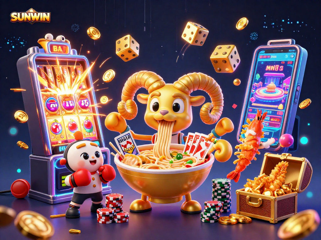 Experience thrilling jackpot excitement with SUNWIN's vibrant casino scene featuring animated characters and casino games.