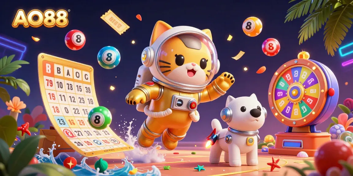 Experience exciting lottery moments with AO88's 3D space-themed dynamic gaming illustration.