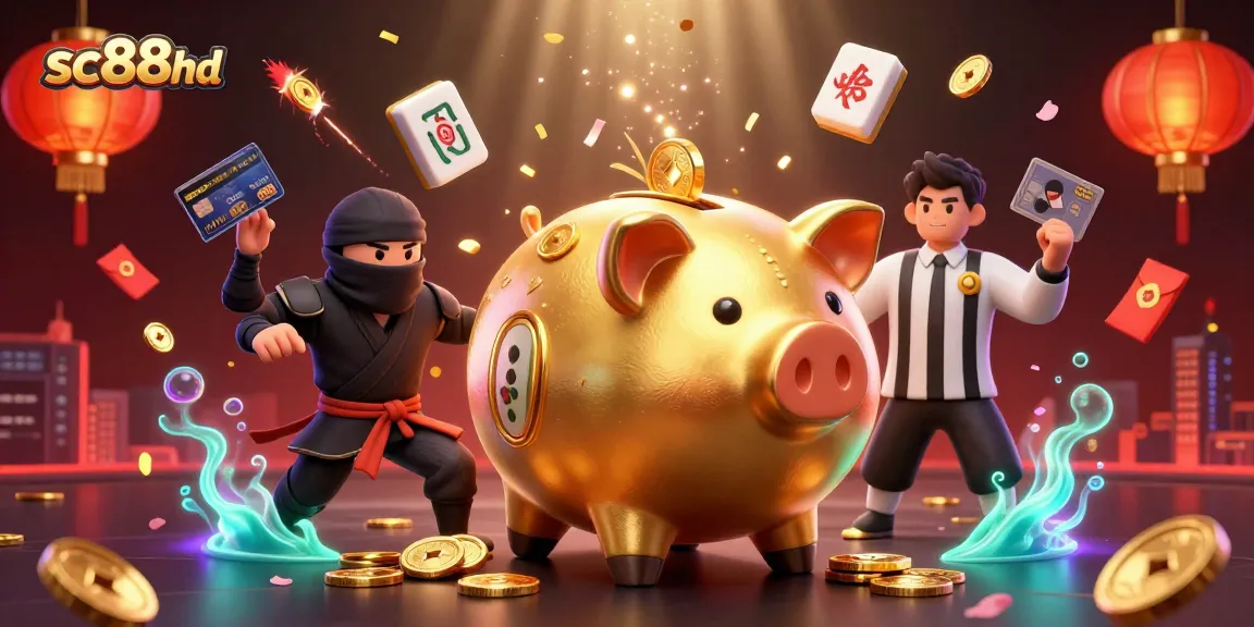 Experience thrilling action in sc88hd with a golden piggy bank wrestler amidst vibrant casino elements.