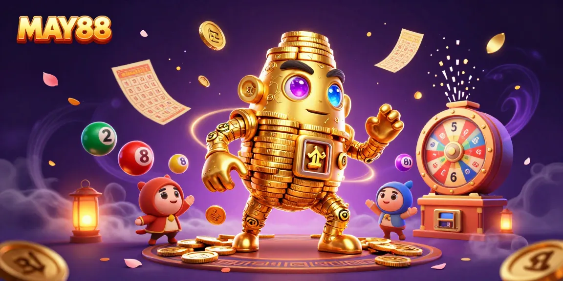 Experience the excitement with MAY88's dynamic lottery scene featuring vibrant games and golden elements.