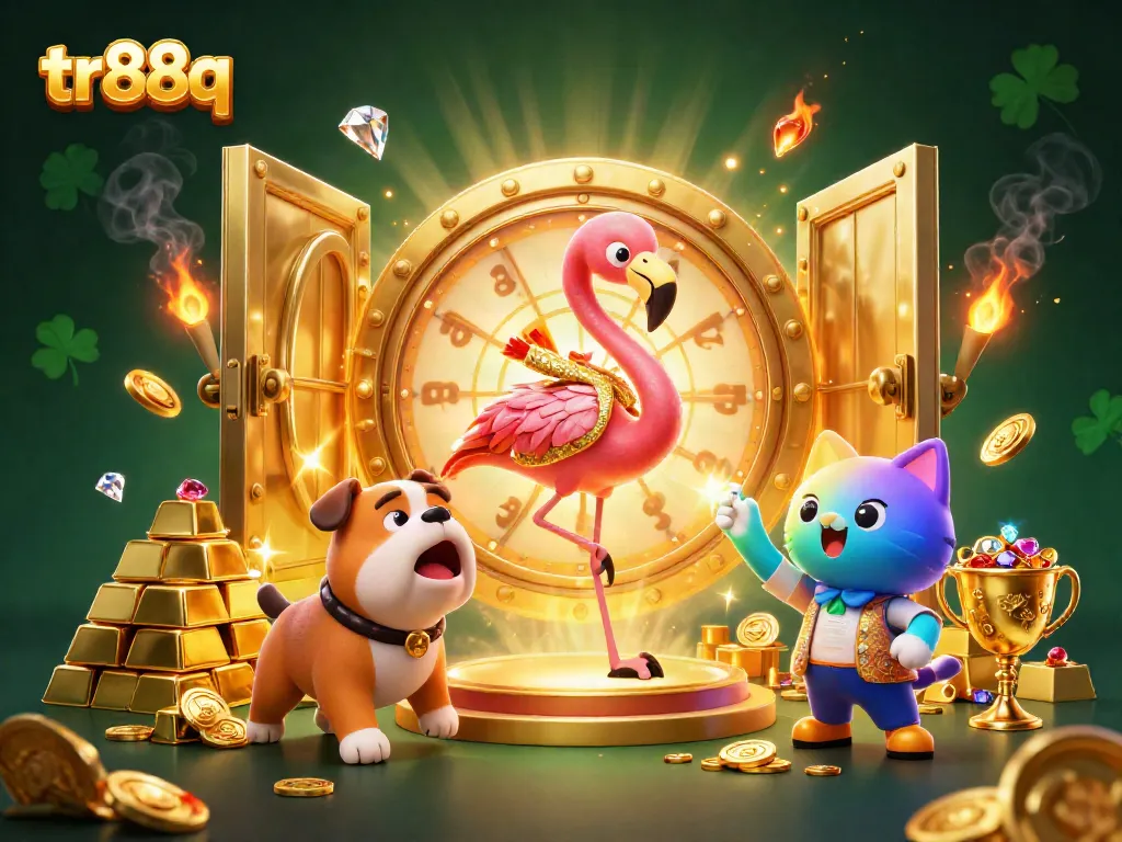 Experience excitement with tr88q as a flamingo host spins a giant prize wheel in this vibrant casino scene.