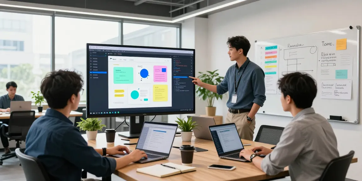 Build internal tools with AI in a collaborative tech workspace showcasing a developer and team utilizing innovative software.