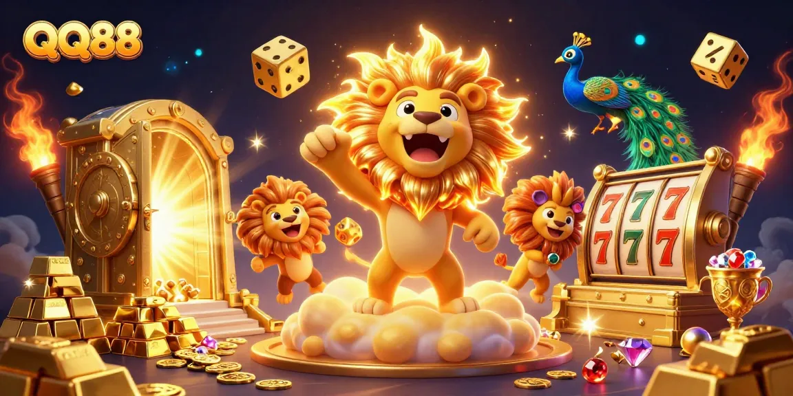 Embrace the excitement of QQ88 with dynamic casino elements featuring a roaring lion and tumbling dice.
