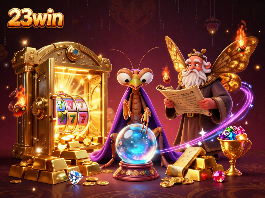 Experience thrilling slots at 23win with a mystical fortune teller scene showcasing jackpots and treasures.