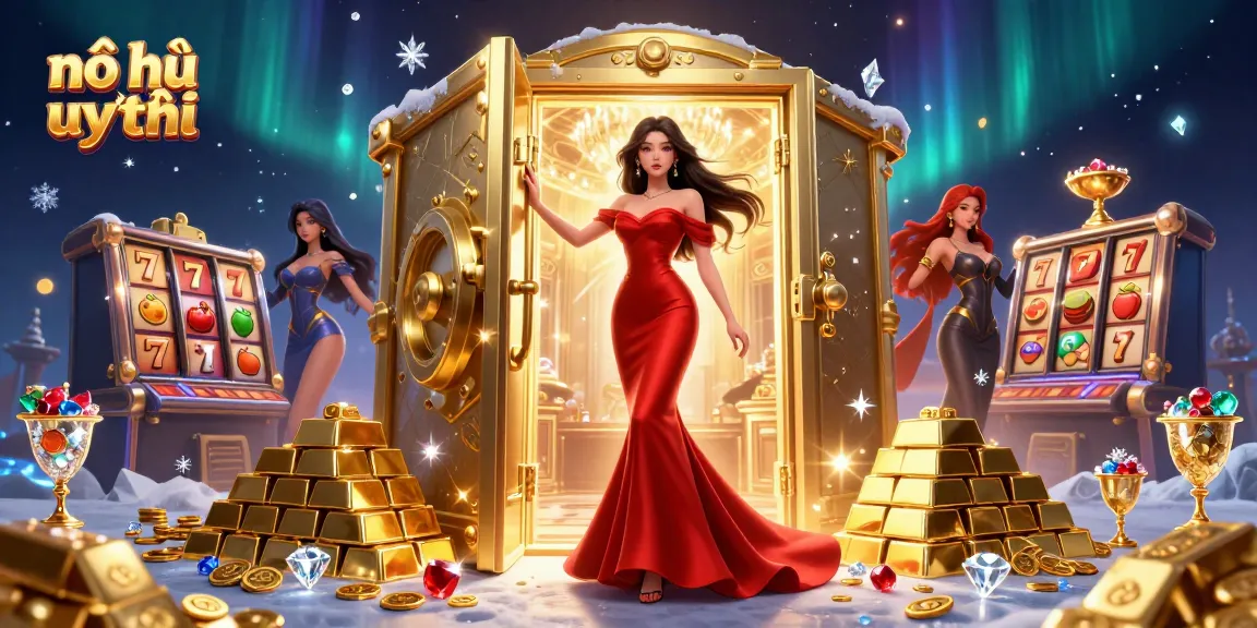 Nổ hũ uy tín visual depicting an elegant casino scene with a beautiful Asian woman among golden treasures and slot game elements.