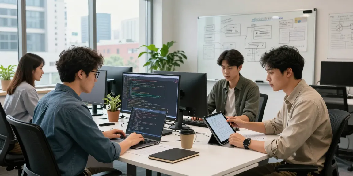 Download WPS Office in a modern collaborative tech workspace with engineers coding and discussing.