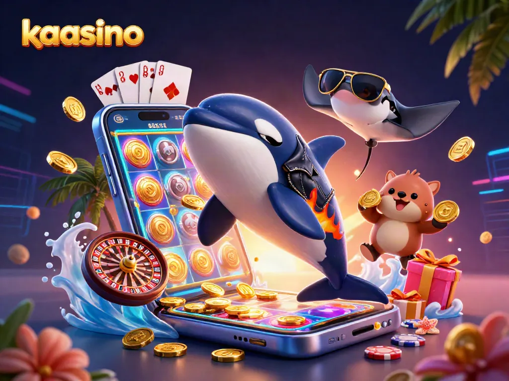 Kaasino showcases thrilling gaming with an orca, stingray, and otters celebrating wins.