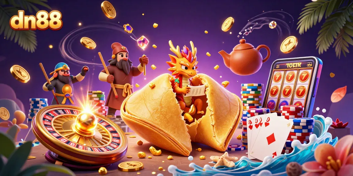 Engage in thrilling gaming at dn88 with a vibrant 3D casino illustration overflowing with fortune and excitement.
