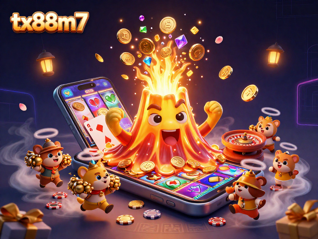 Experience luck with tx88m7 in this vibrant casino illustration showcasing golden volcanoes and thrilling games.