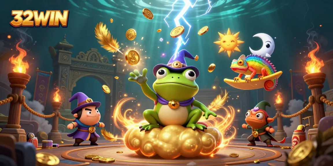 Experience the exciting world of 32WIN with a dynamic scene featuring magical characters conjuring winning coins.