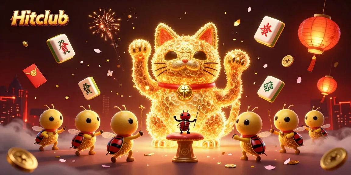 Hitclub showcases a giant lucky cat formed by golden fireflies, surrounded by vibrant casino symbols.