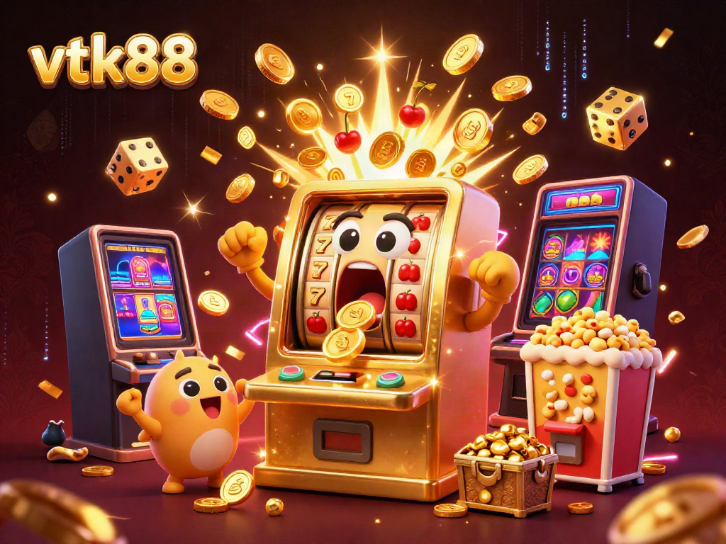 vtk88 showcases a golden slot machine celebrating a jackpot, symbolizing thrilling online gaming success