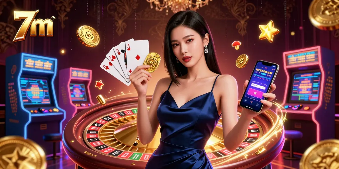 Experience the thrill of 7m gaming with a confident dealer holding a golden chip and casino app.