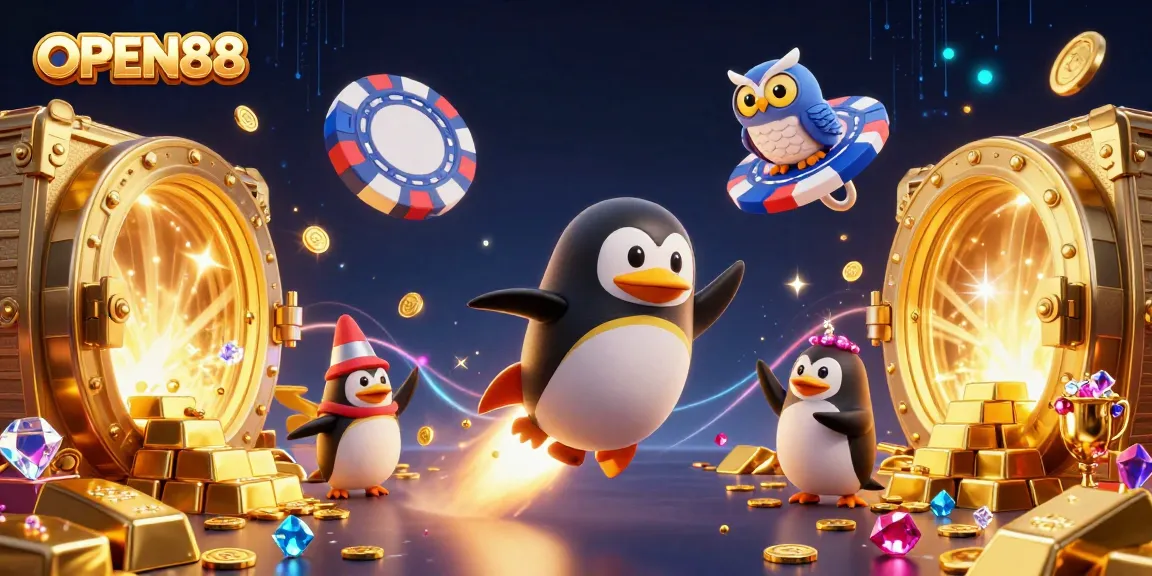 Spin the reels at OPEN88 with a golden penguin navigating an exciting casino universe.