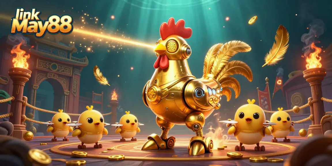 Experience excitement with link May88 as the golden rooster robot leads the baby chick drones in a vibrant casino scene.