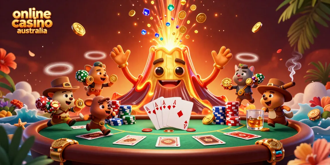 Engage in the thrilling world of online casino Australia with a vibrant illustration showcasing a golden volcano erupting coins.